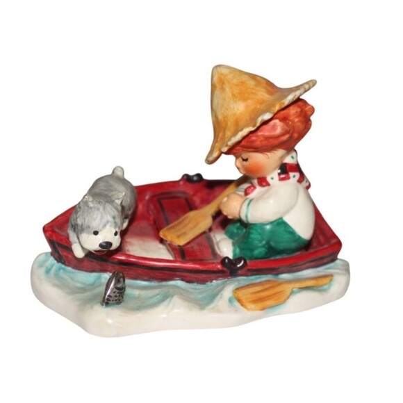 Vtg Goebel Hummel Redheads Lazy Day Figurine 1975 Boat Fishing Dog - Picture 1 of 5